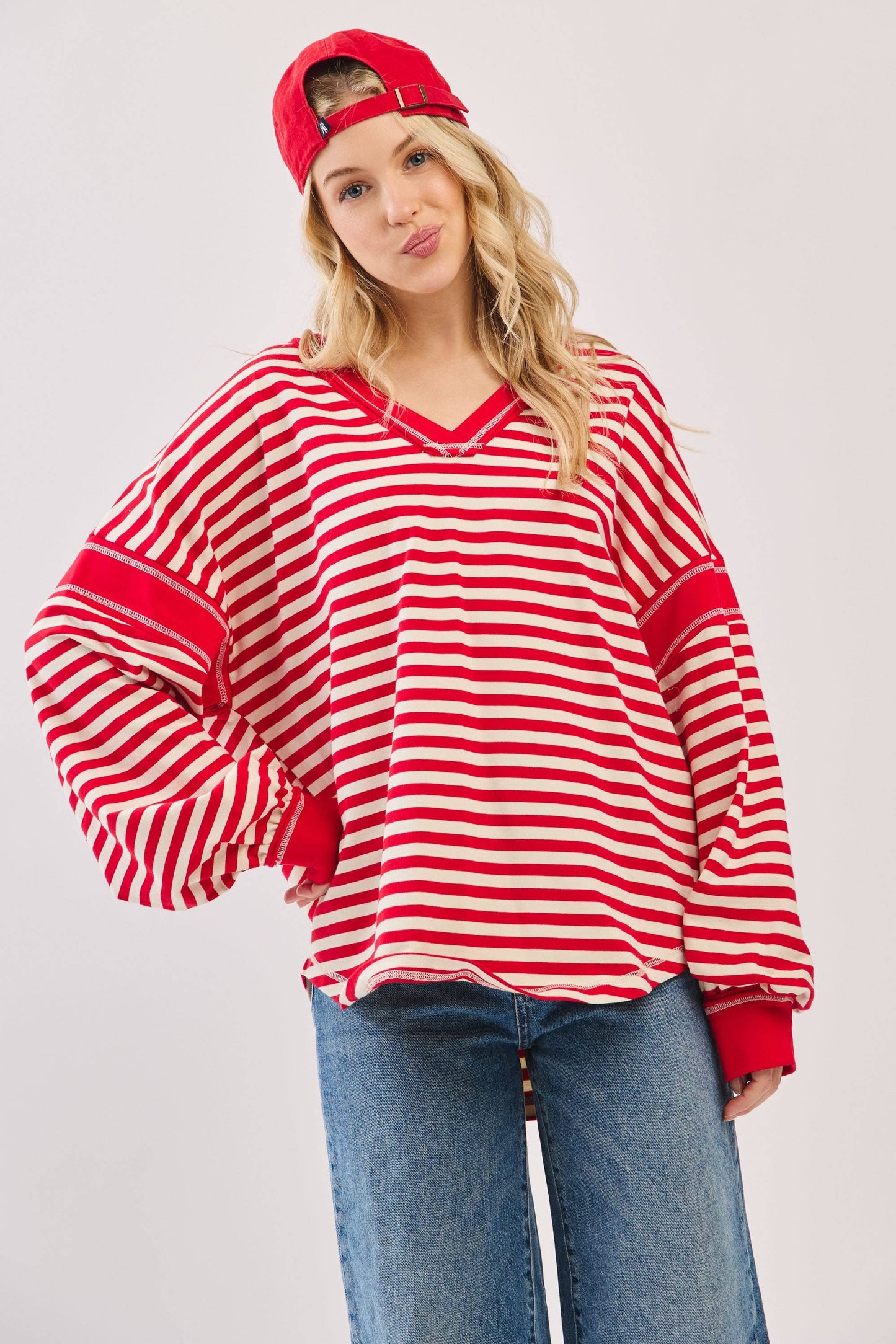 Striped Balloon Sleeve V-Neck Knit Top