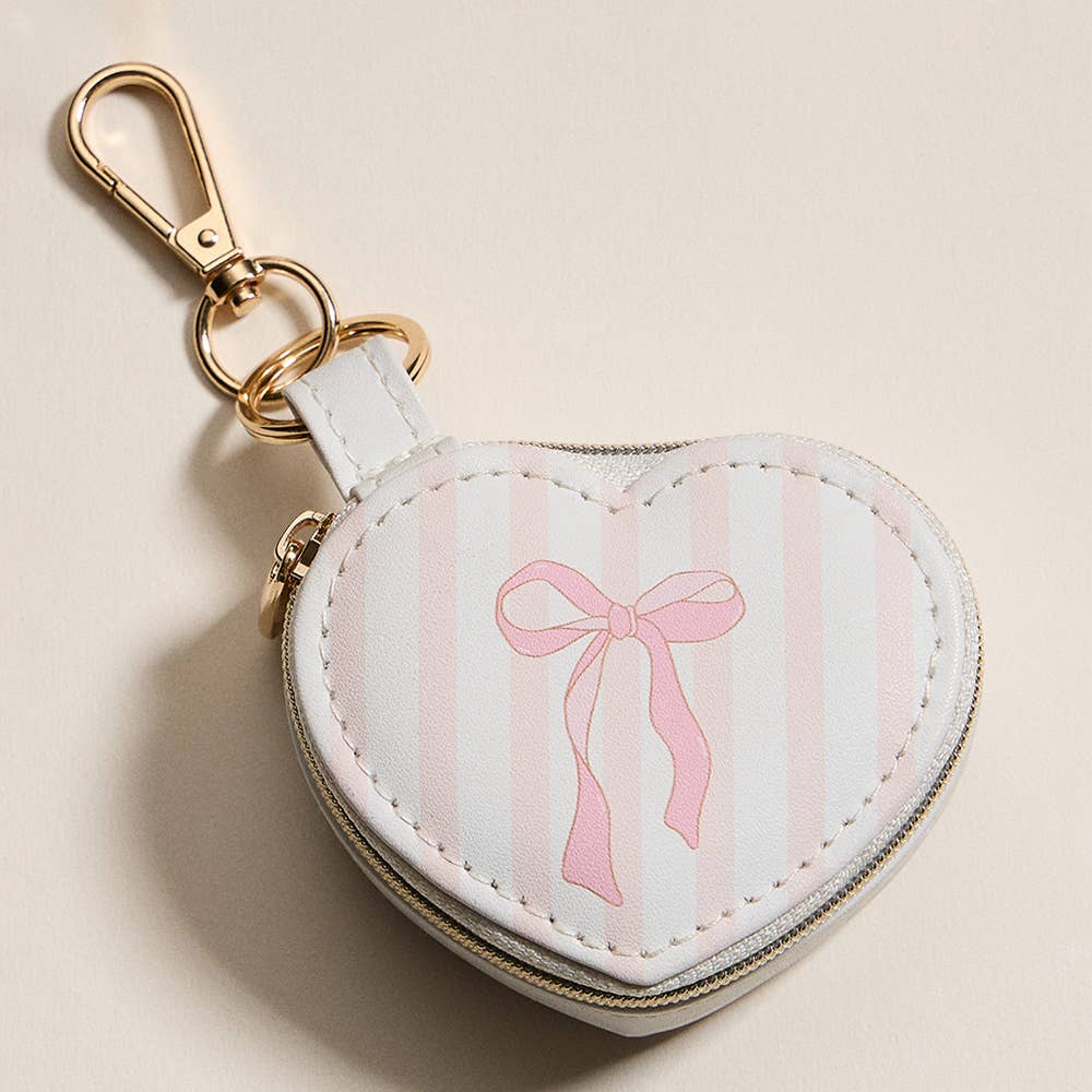 Bow Accent Striped Printed Heart Shaped Jewelry Case Keychain / Bag Charm
