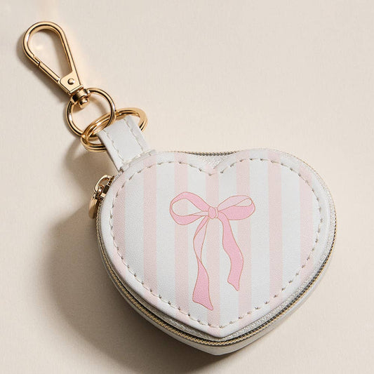 Bow Accent Striped Printed Heart Shaped Jewelry Case Keychain / Bag Charm
