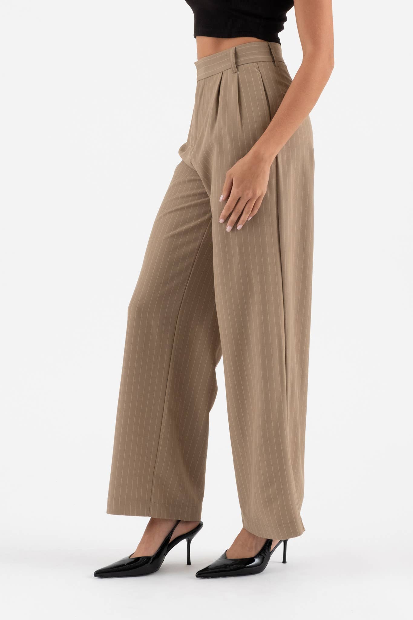 PINSTRIPE FLARE LEG PLEATED PANTS