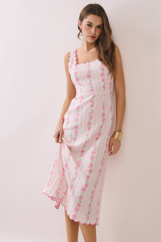 Floral Print Scalloped Detail Back Smocked Dress