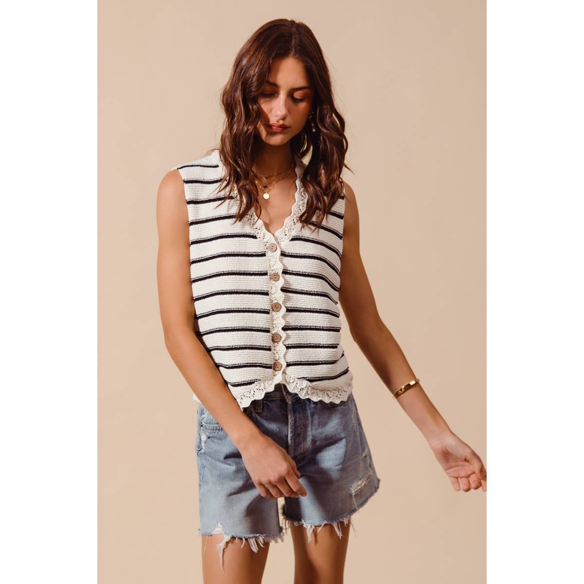 Buttoned Stripe Texture Knitted Sweater Vest Top