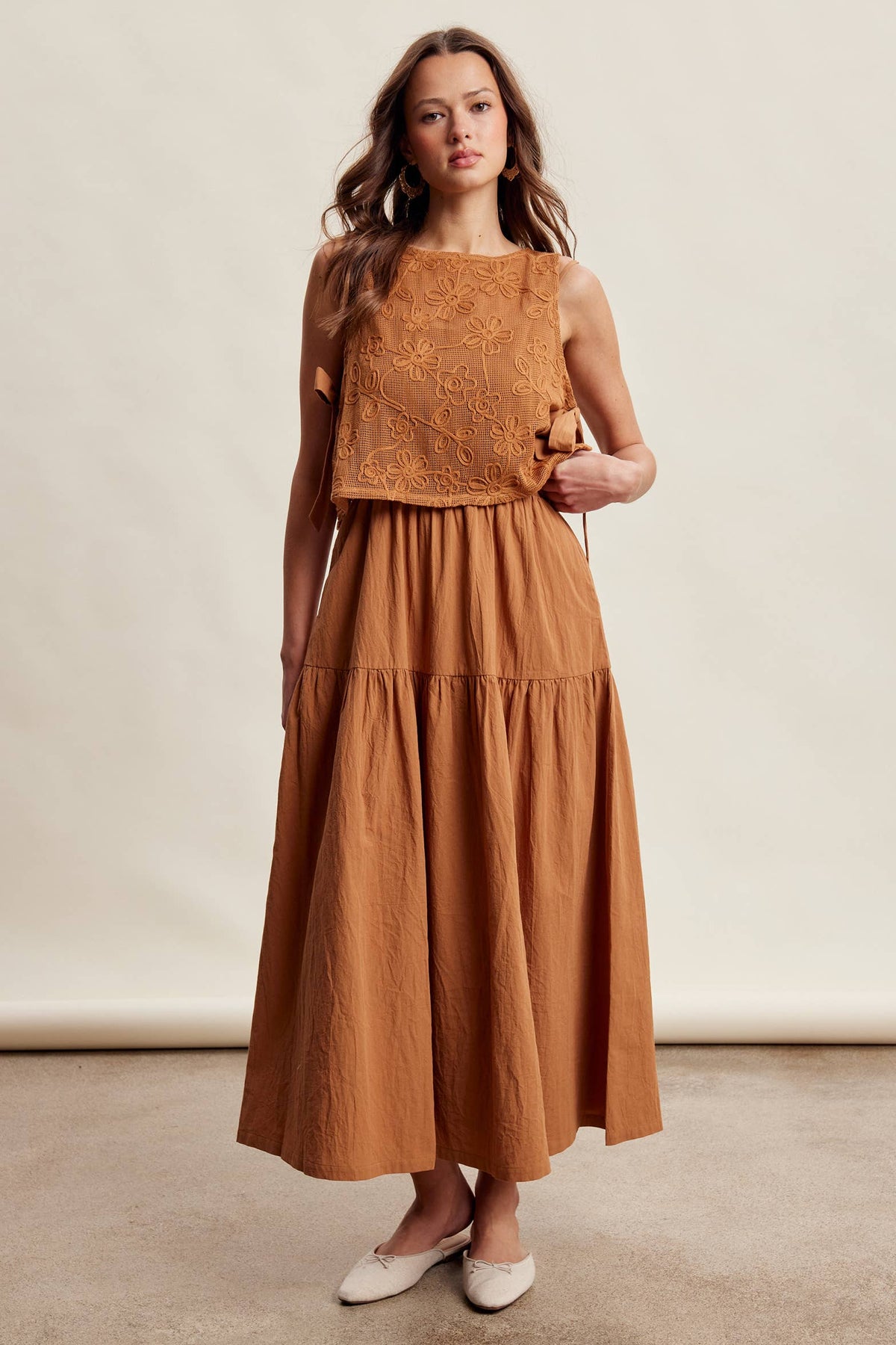 Embroidered Lace Vest & Sleeveless Midi Dress Set