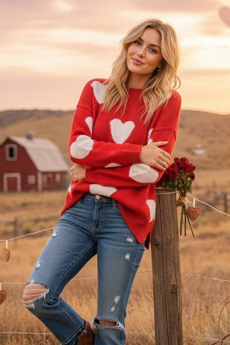 Oversized Valentine Side Slit Heart Sweater