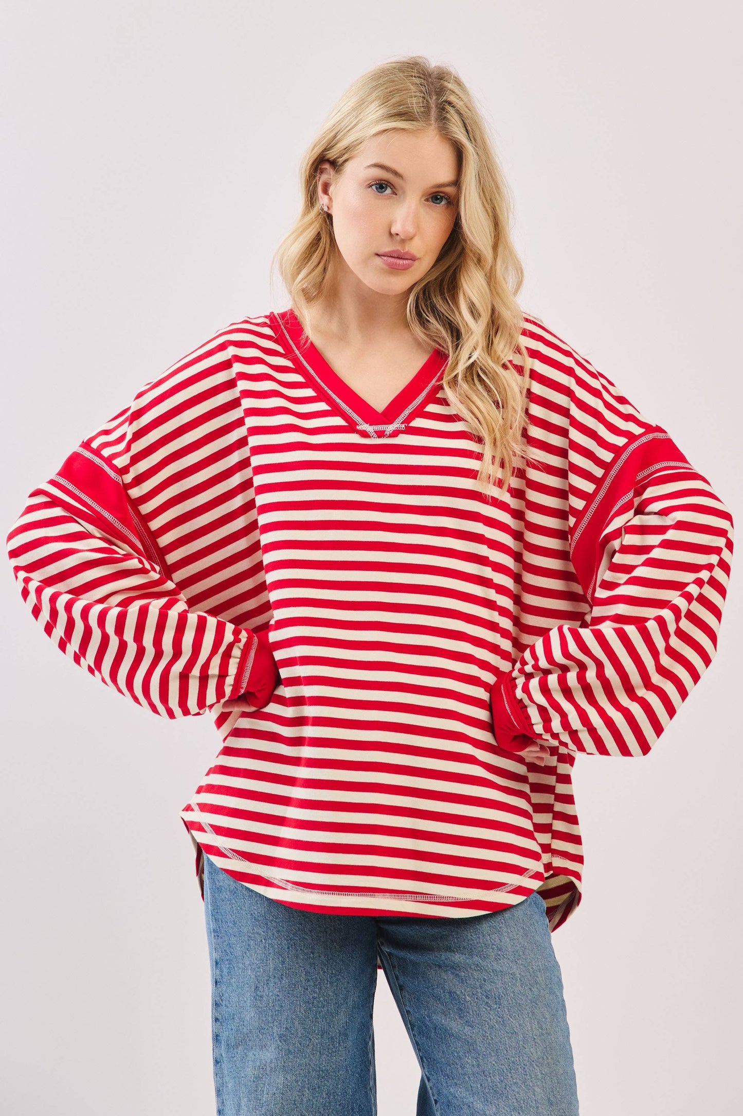 Striped Balloon Sleeve V-Neck Knit Top