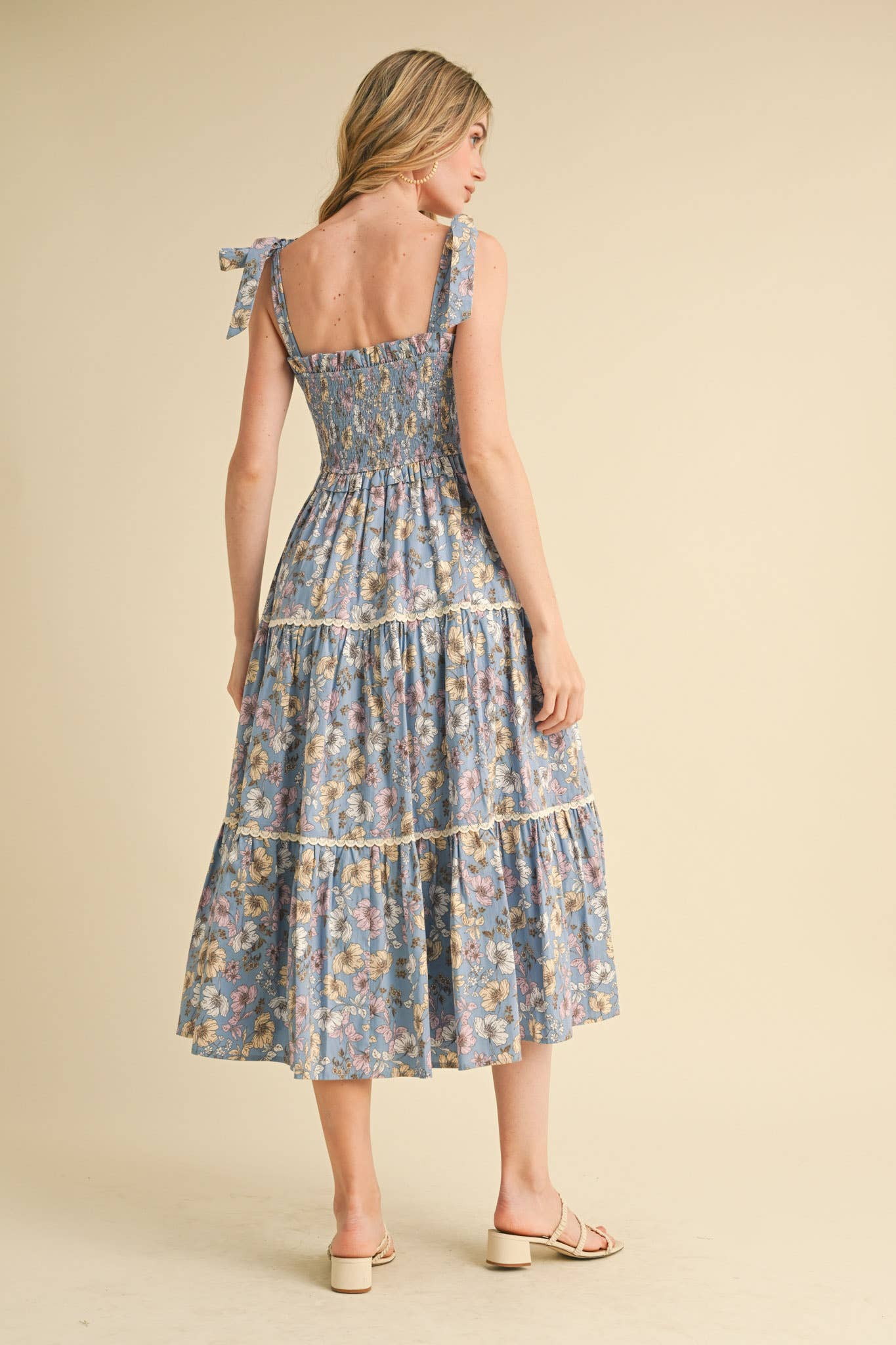 Floral Ruffled Lace Trim Midi Dress