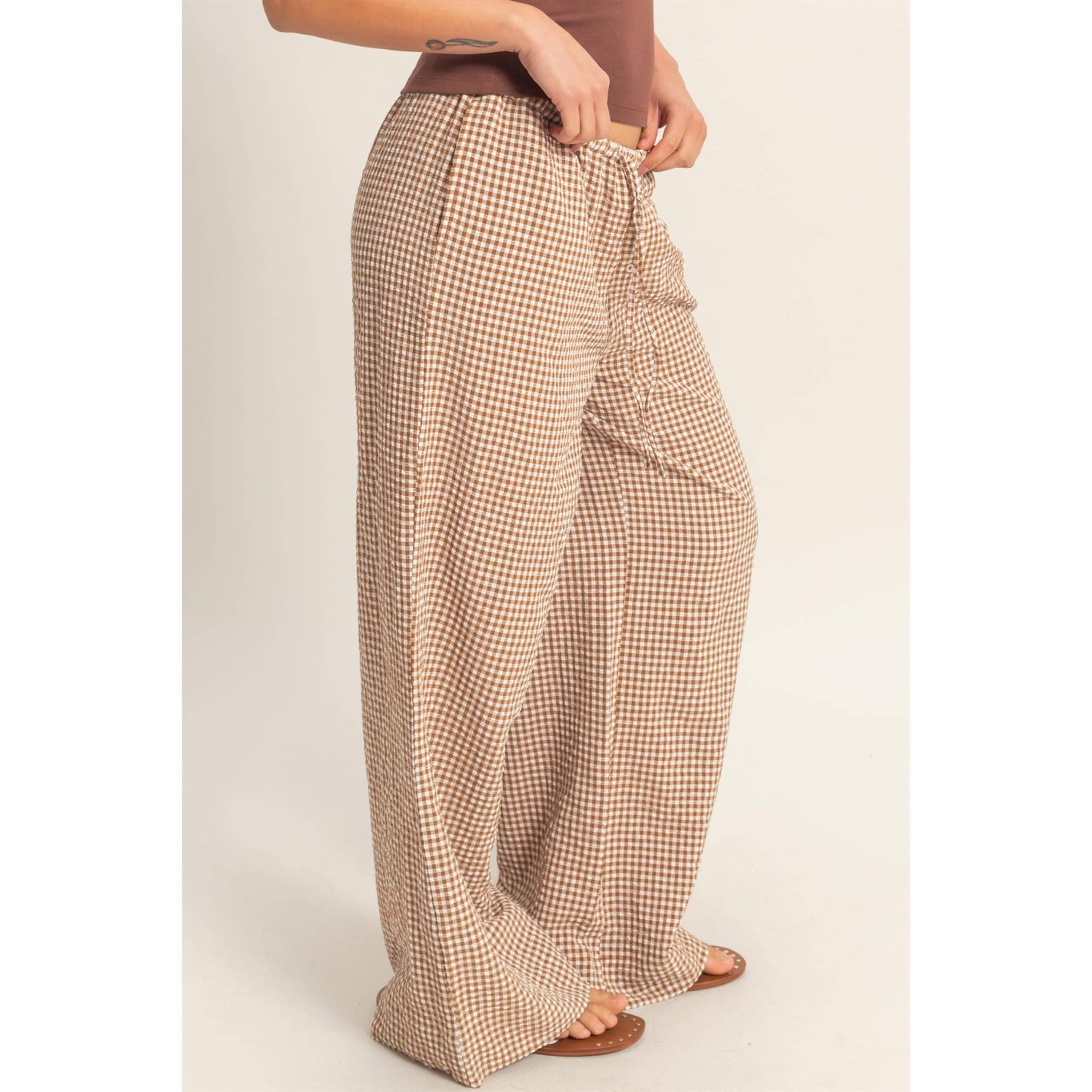 Gingham Drawstring Wide-Leg Pants