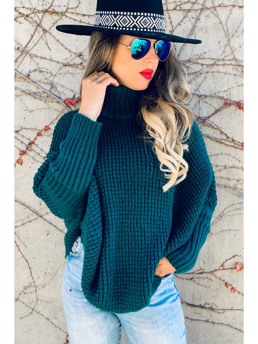 Emerald Dolman Sleeve Turtleneck Knitted Poncho Top