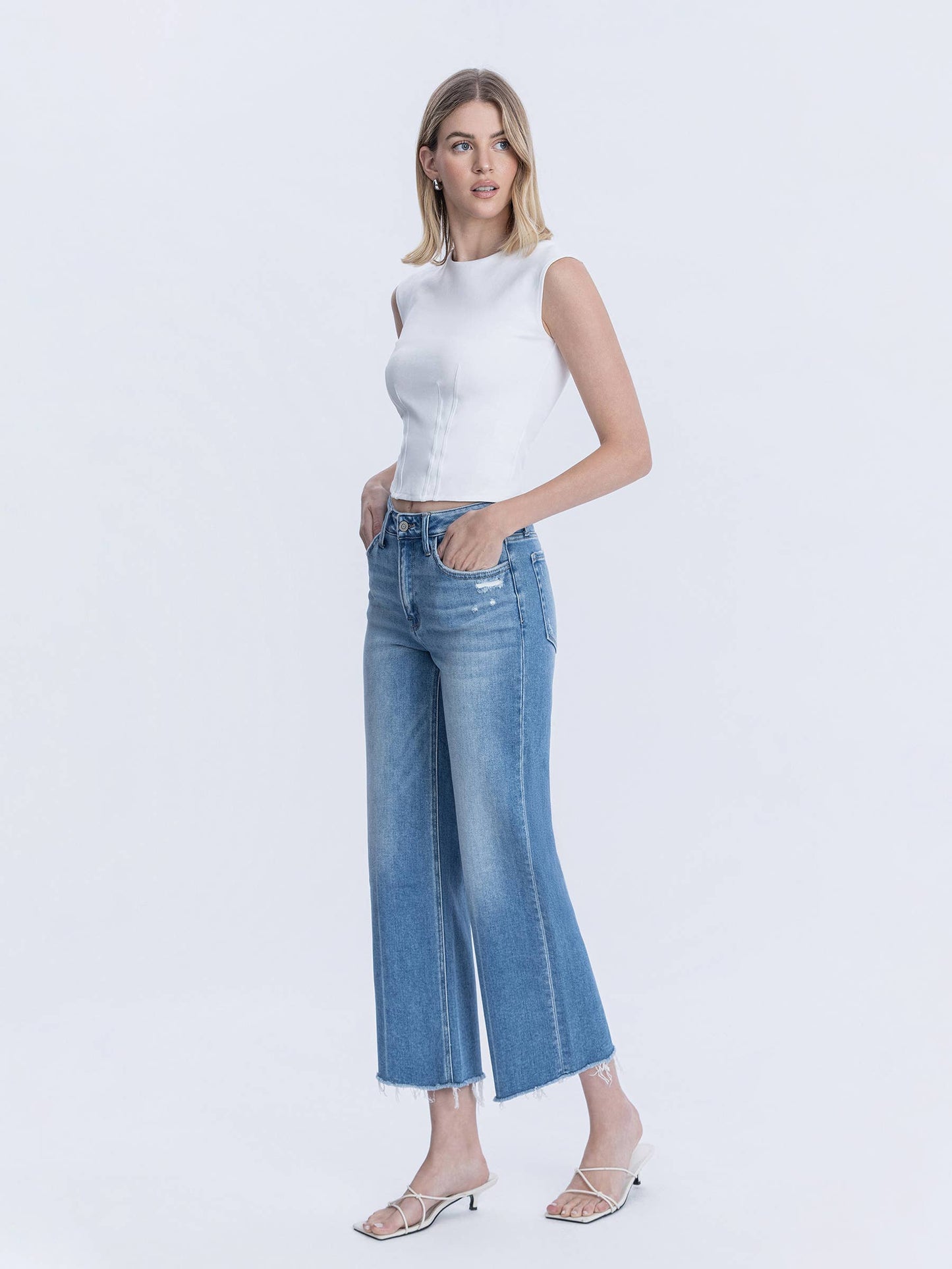 High Rise Raw Hem Crop Slim Wide Leg Jeans