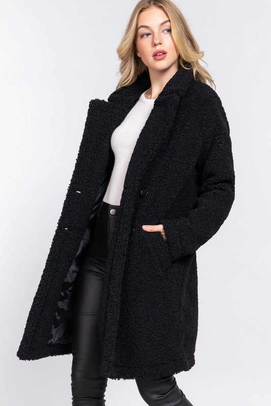 Black Long Sleeve Double Breasted Faux Fur Coat