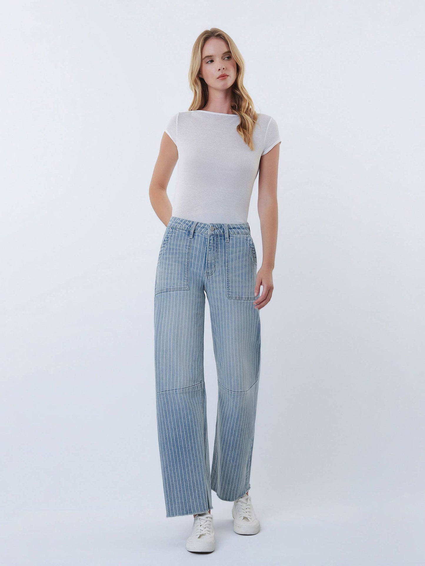 Striped Raw Hem Barrel Jeans