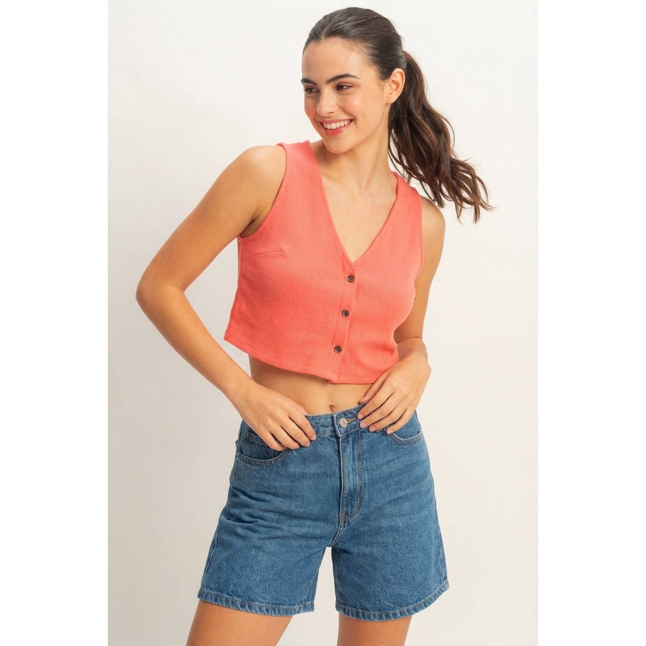 Waffle Knit Button Down Sleeveless Vest