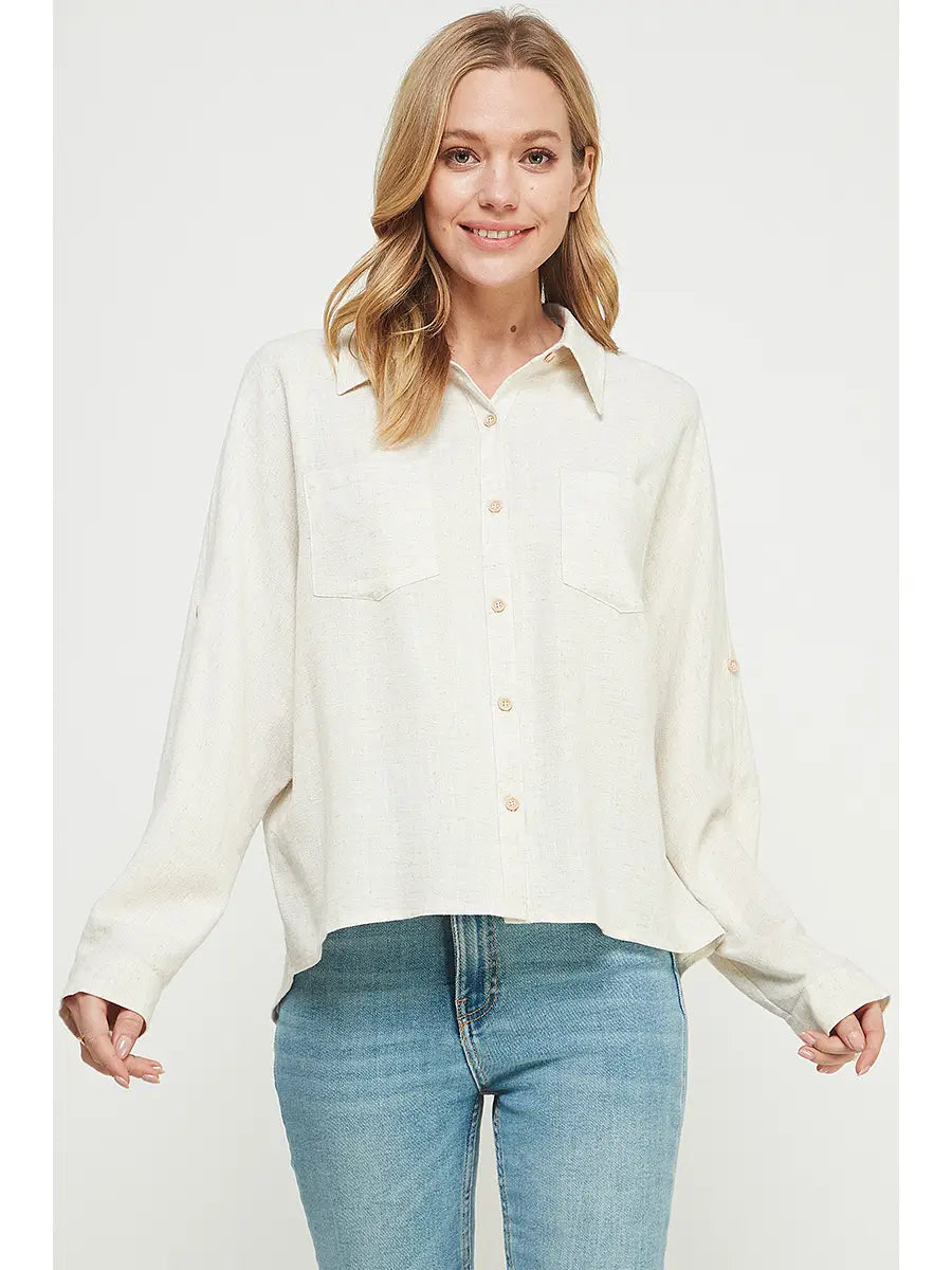 Linen Blend Dolman Button Shirt
