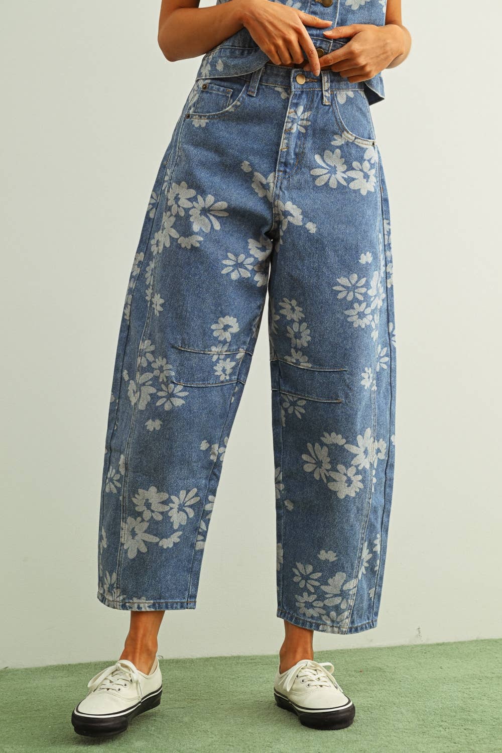 Floral Printed Denim Pants