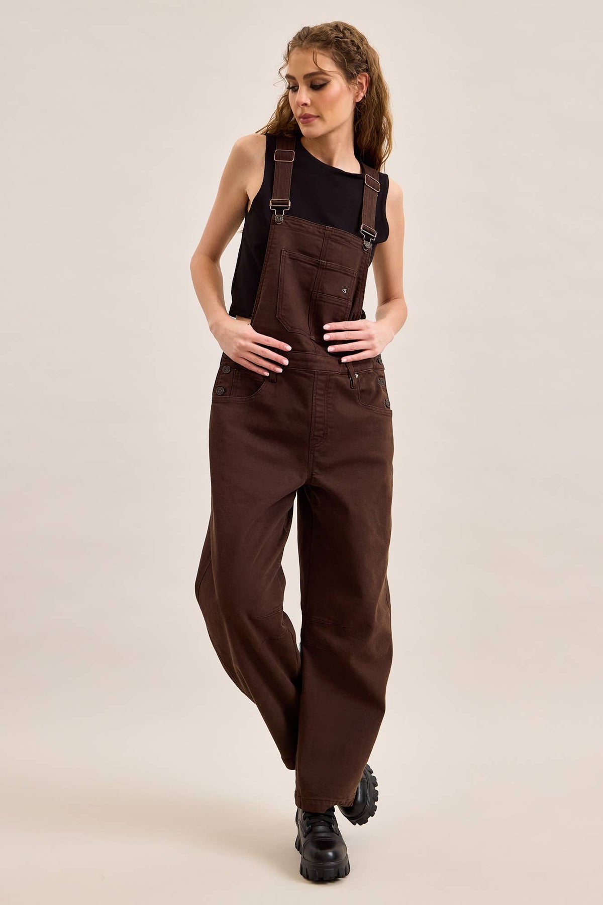 Barrel Fit Brown Overalls