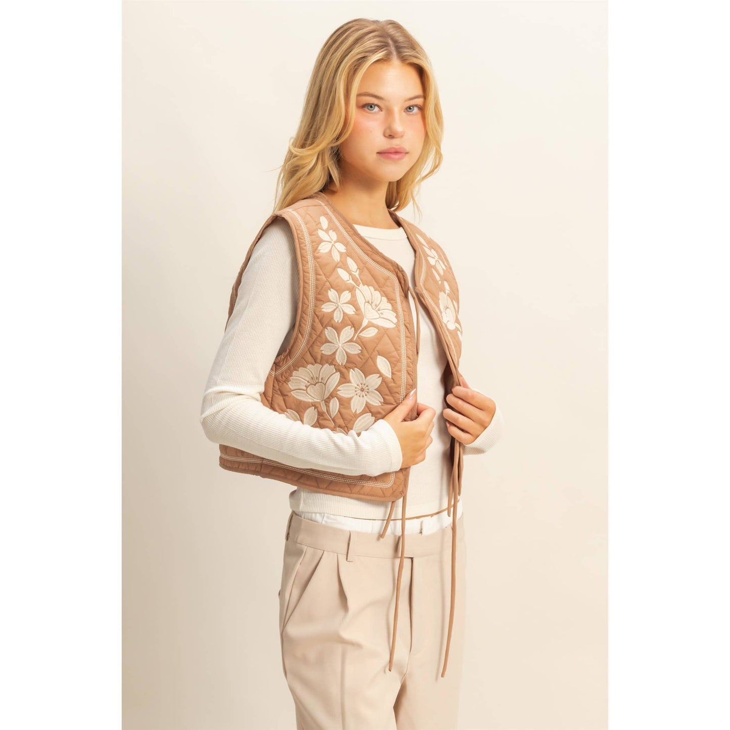 Floral Embroidered Quilted Vest