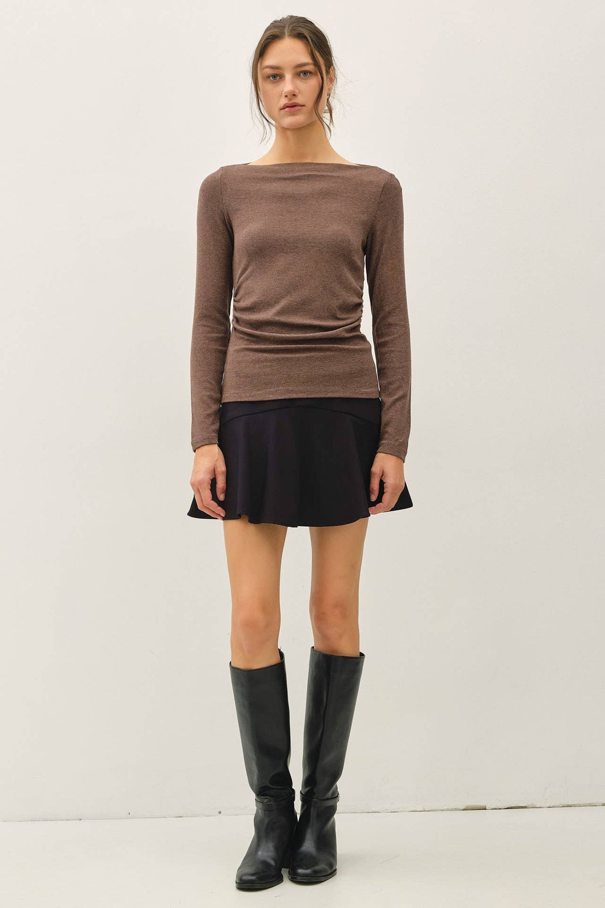 Modal Classic Ribbed Boat Neck Shirring Waist Top