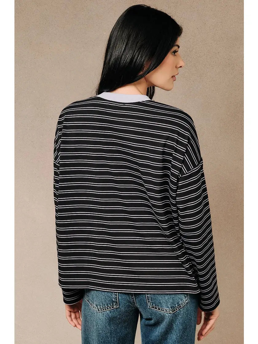 Striped Contrast Collar Drop Shoulder Oversized Top