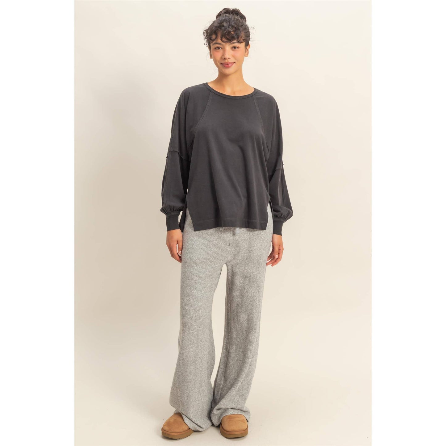 Washed Oversized Long Sleeve Top With Slit