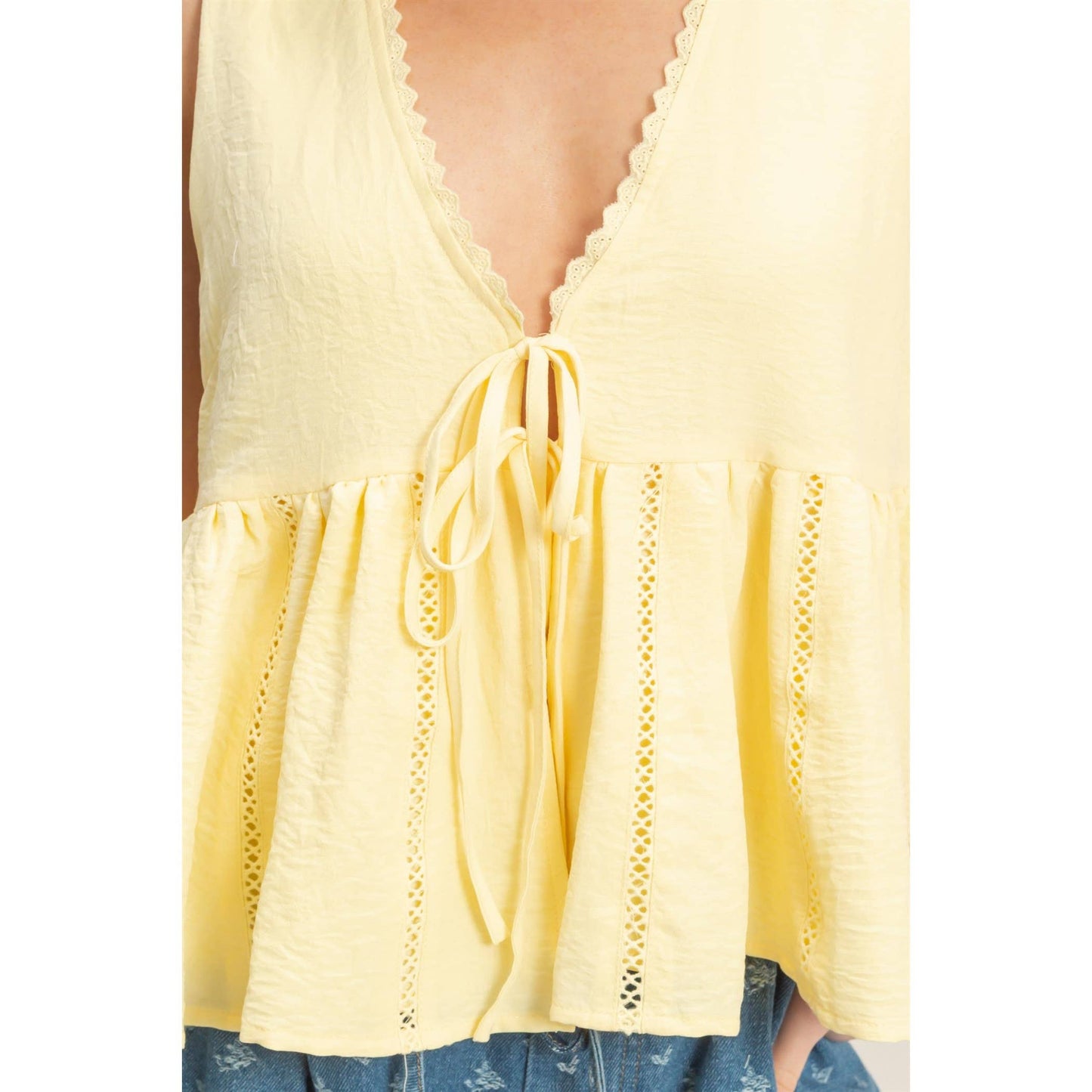Lace Trim Tie Front Top