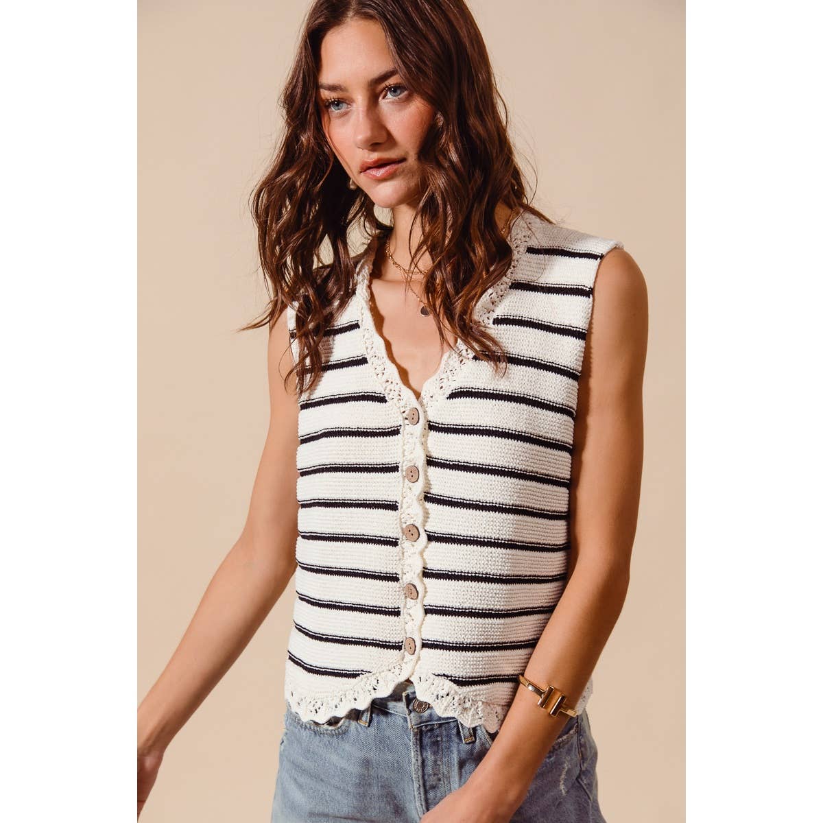 Buttoned Stripe Texture Knitted Sweater Vest Top