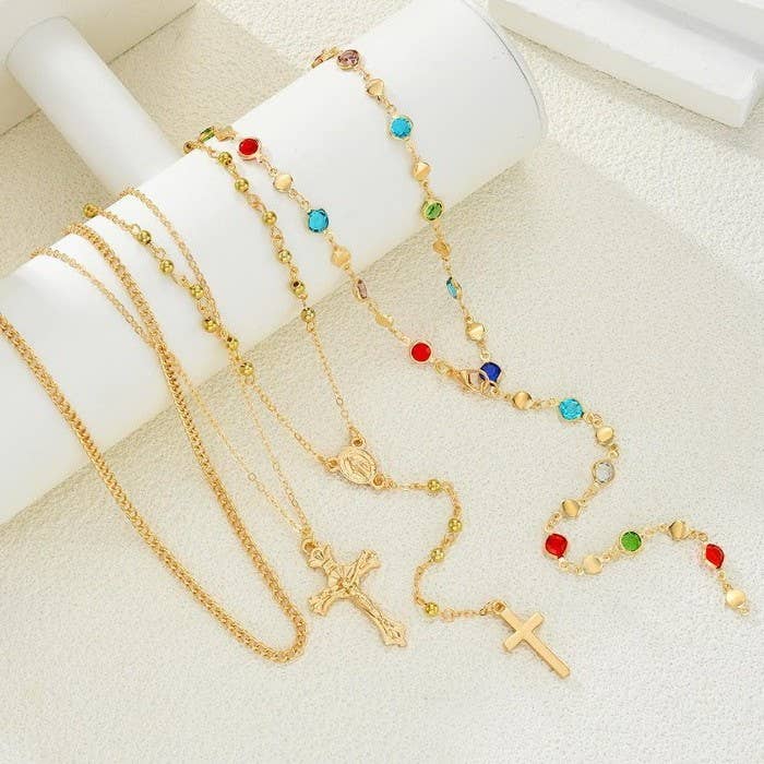 Boho Lariat Multi Stone Layered Cross Necklace