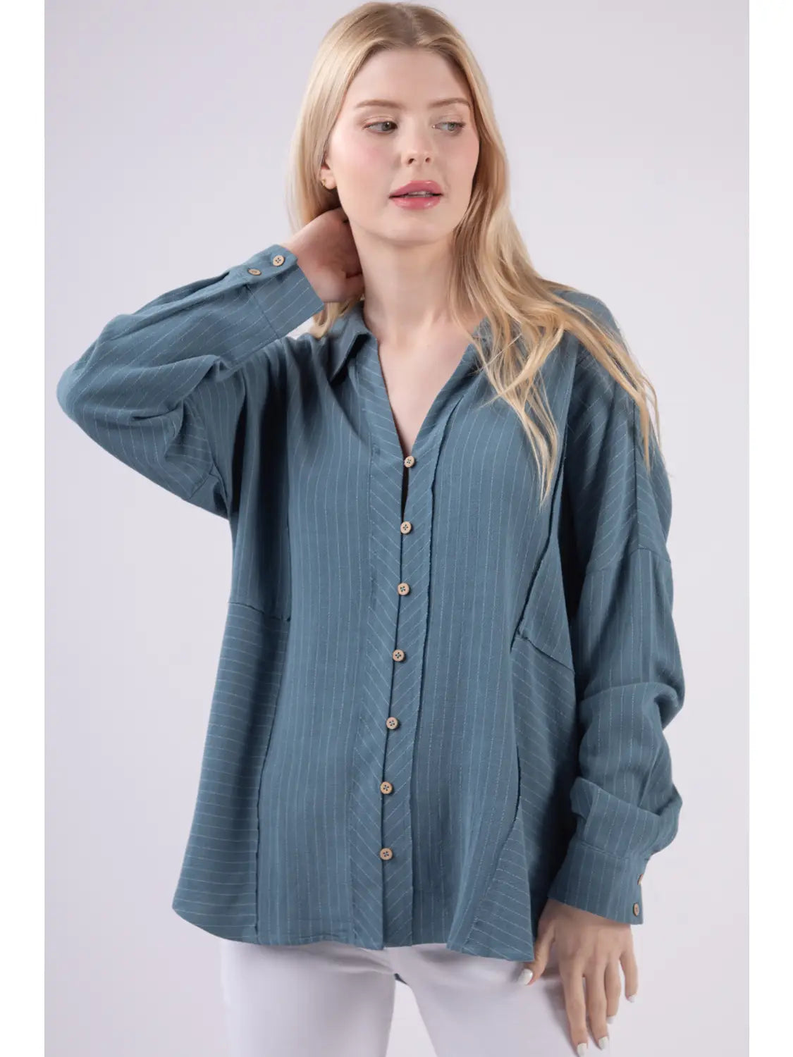 Oversized Striped Linen Collared Shirt