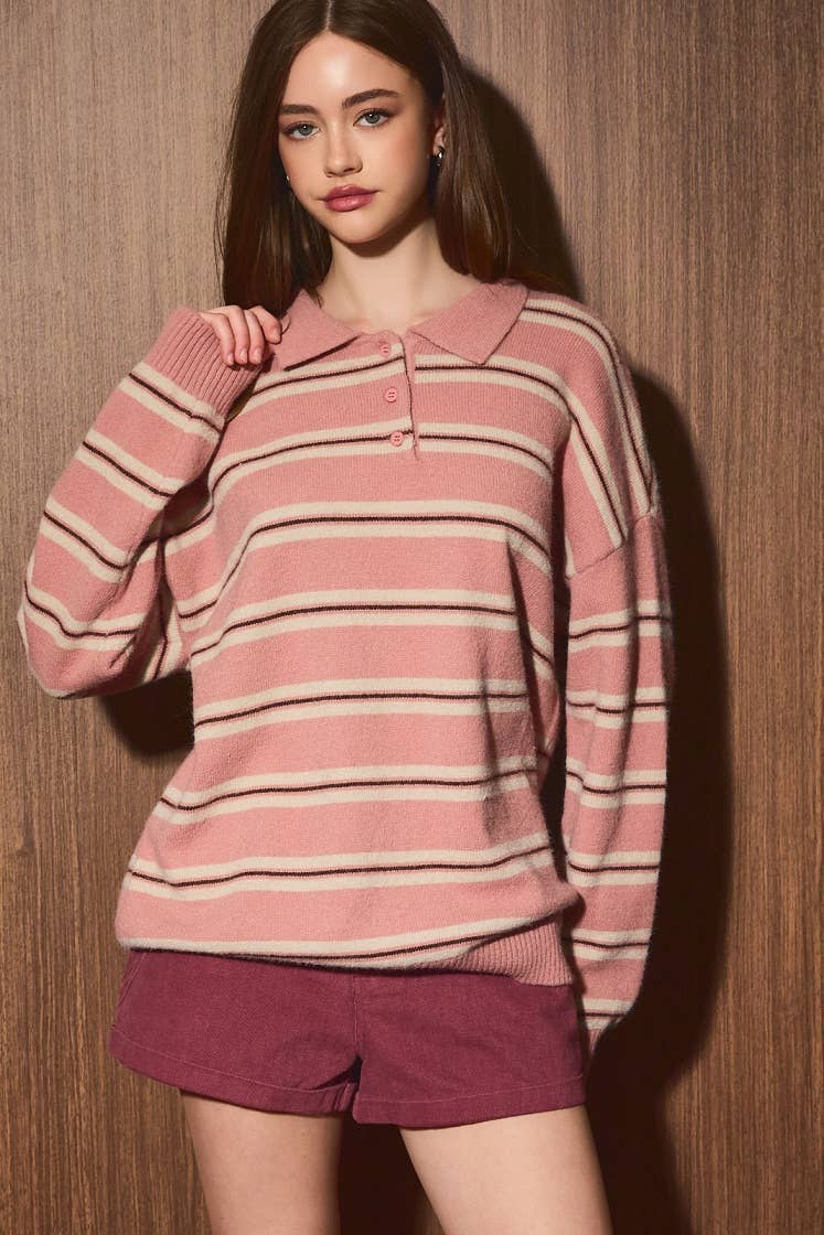 Long Sleeve Collared Oversized Stripe Rugby Sweater