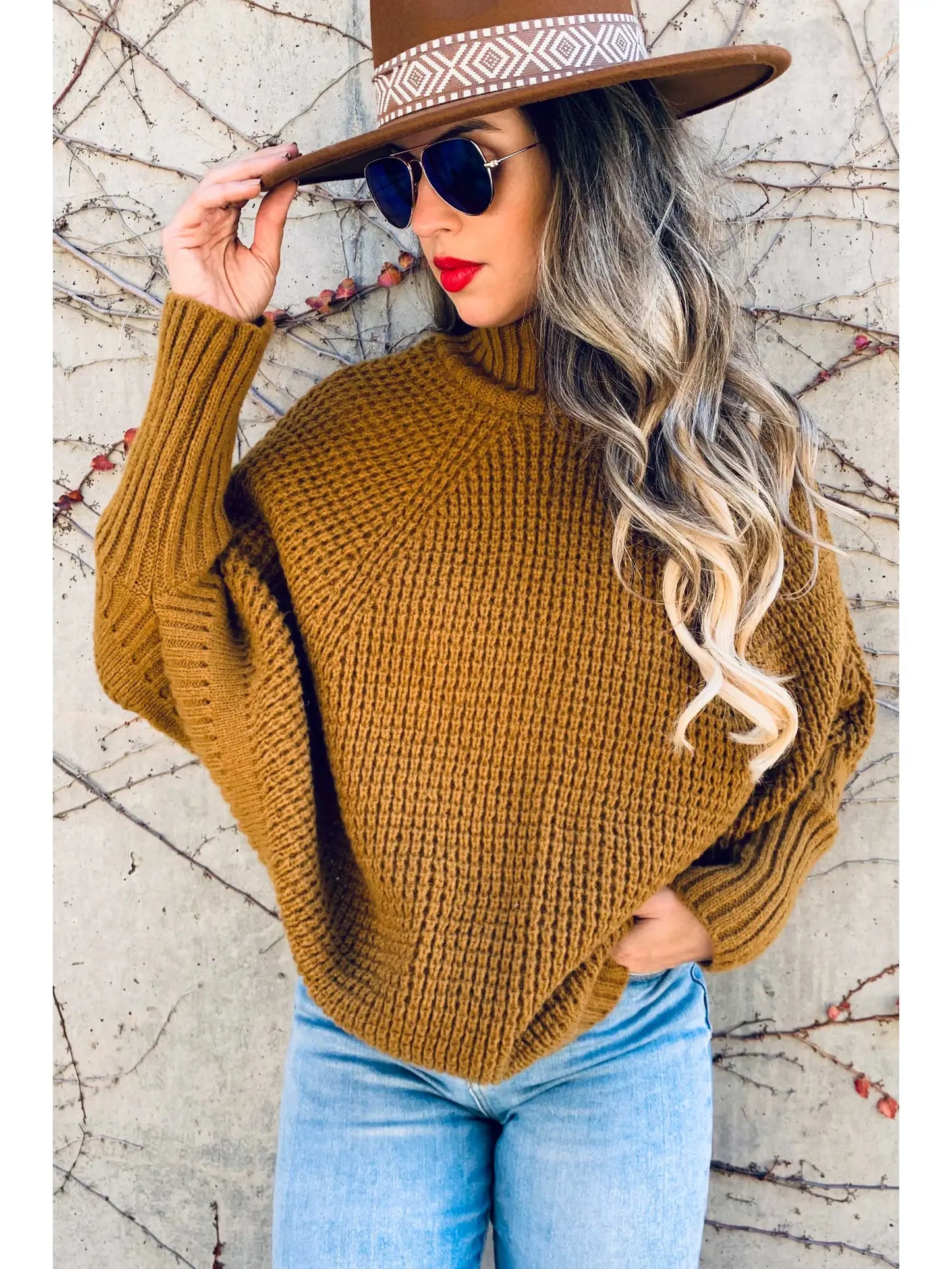 Camel Dolman Sleeve Turtleneck Knitted Poncho Top