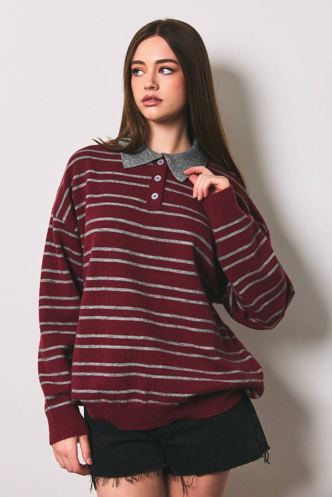 Maroon Striped Collared Knit Pullover Sweater