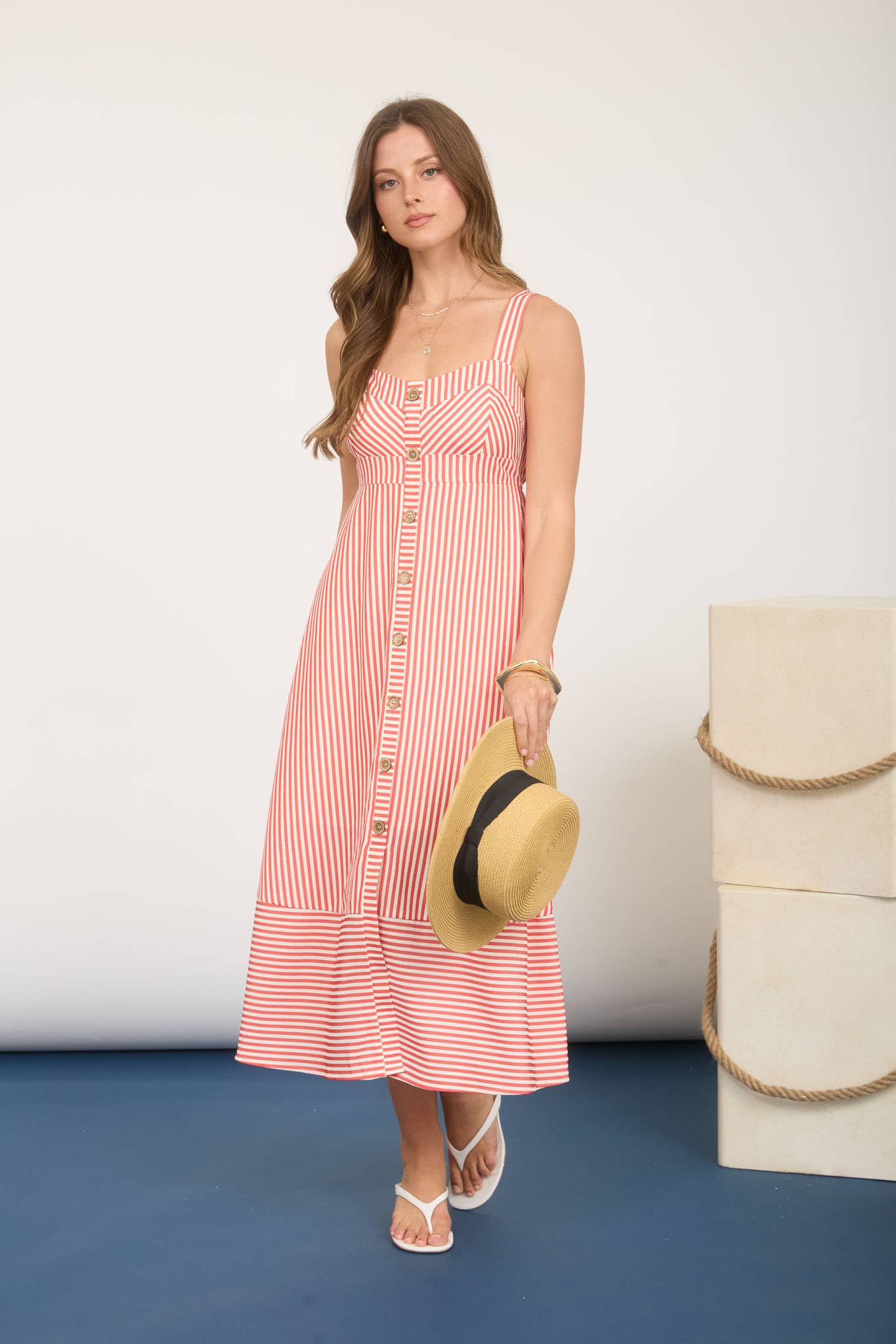 Stripe Sweetheart Button Down Sleeveless Midi Dress