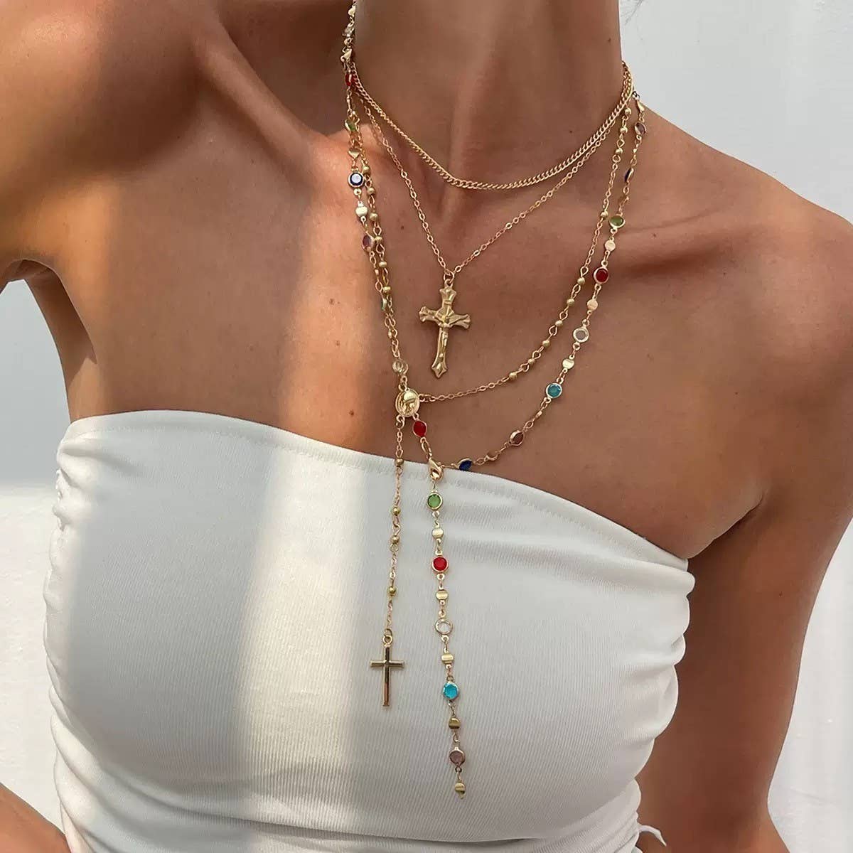 Boho Lariat Multi Stone Layered Cross Necklace