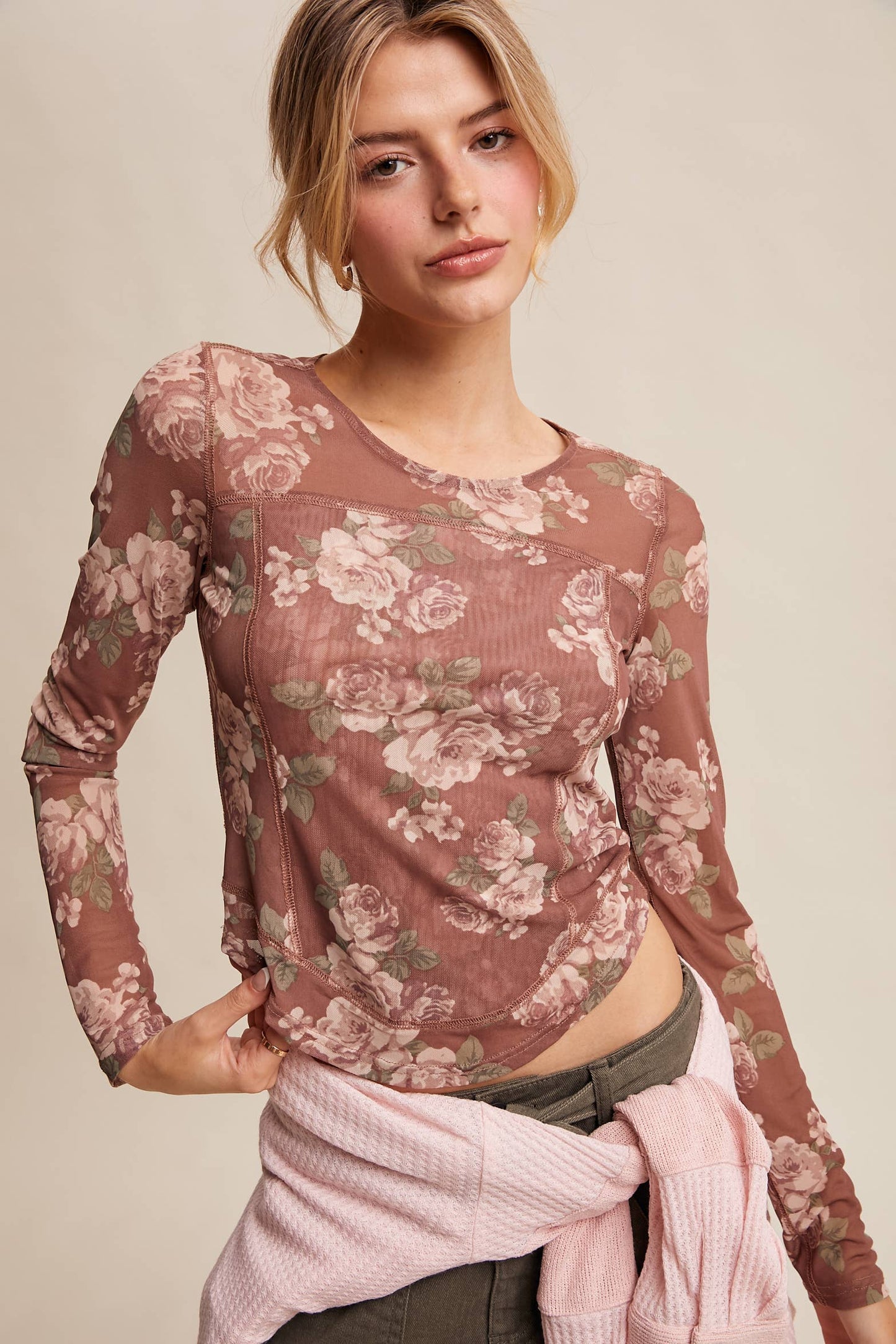 Floral Mesh Long Sleeve Layering Top
