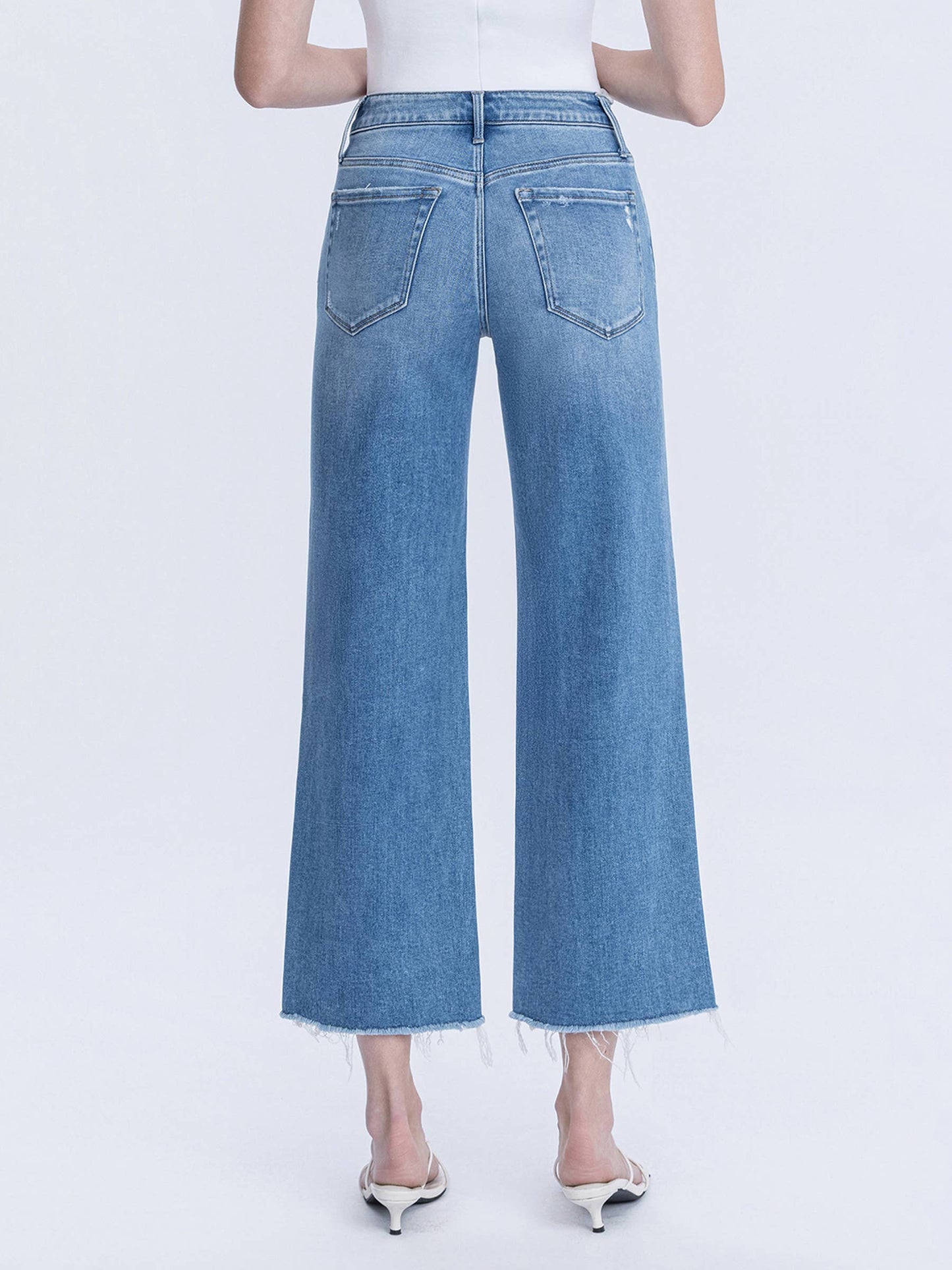 High Rise Raw Hem Crop Slim Wide Leg Jeans