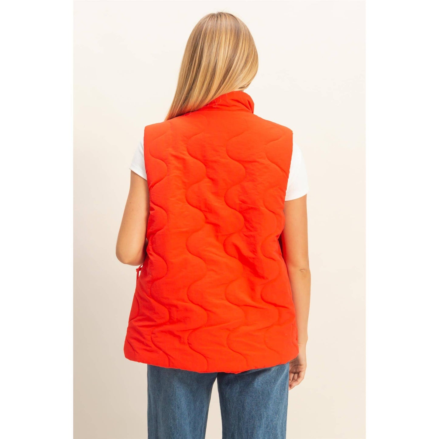 Wave Quilted Ribbon Tie Detailed Puffer Vest