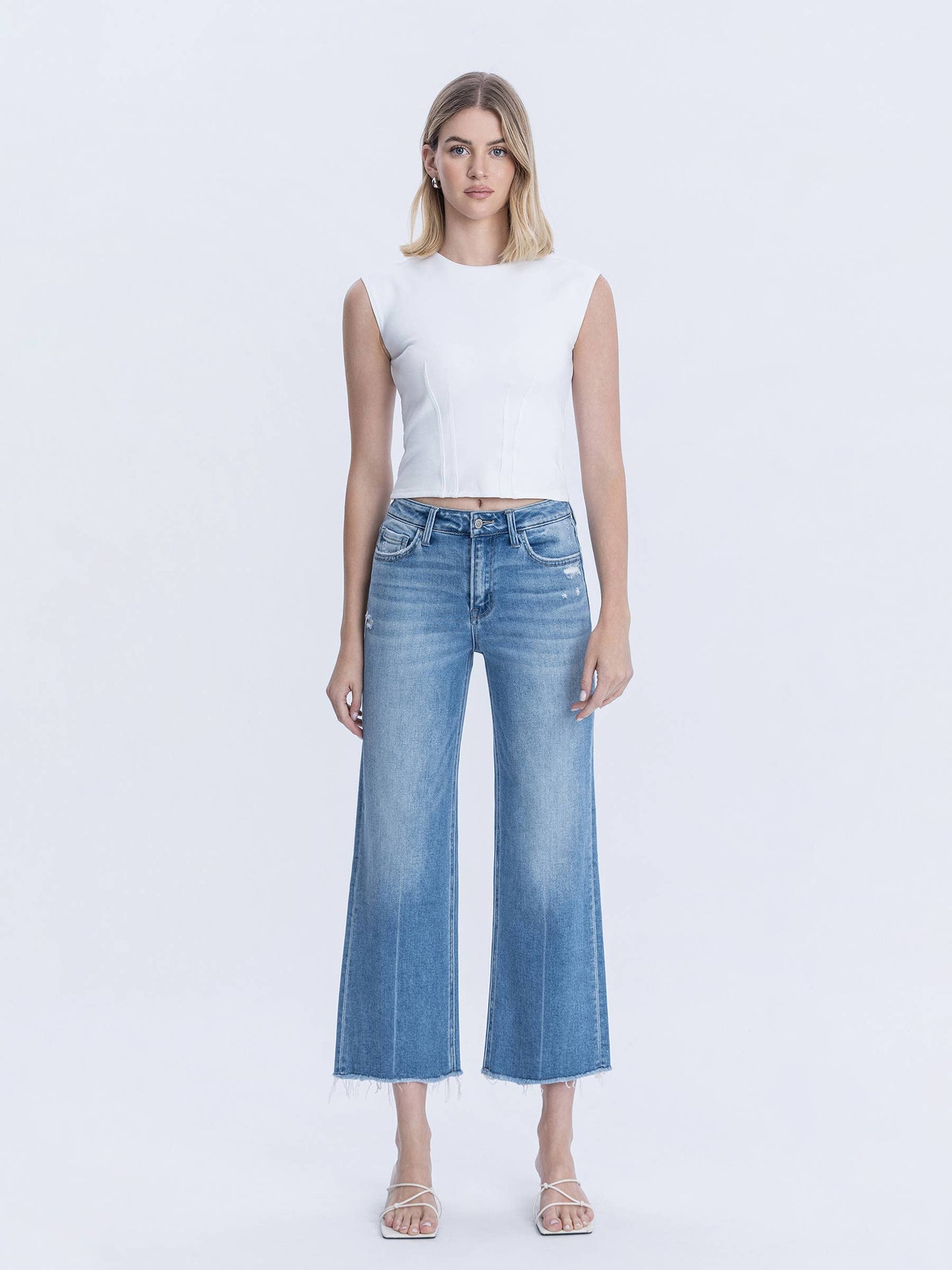 High Rise Raw Hem Crop Slim Wide Leg Jeans
