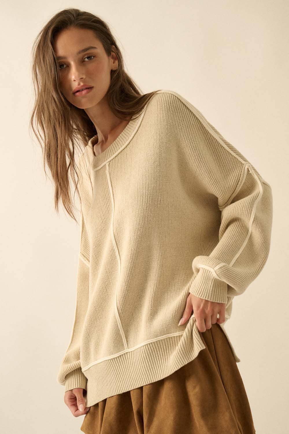 Solid Ribbed Knit Exposed-Seam Oversize Sweater