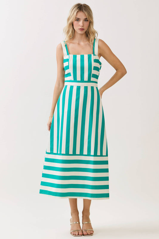 Square Neck Wide Straps Striped Midi Dress