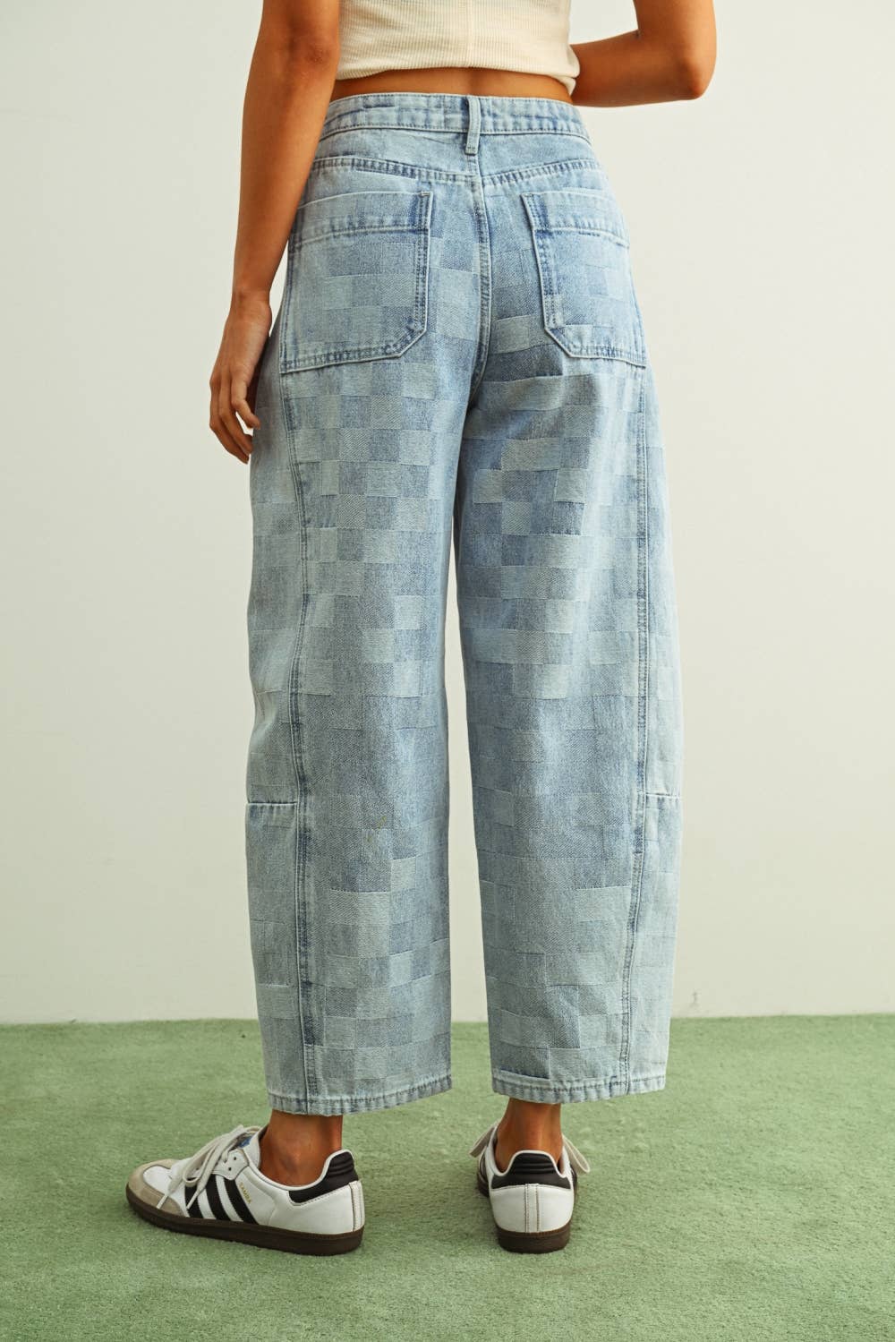 Checkered Denim Barrel Jeans