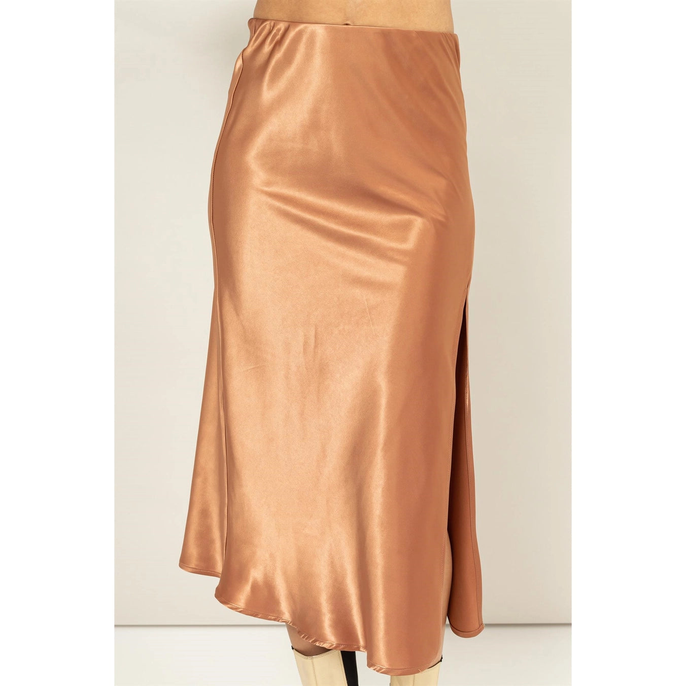 SATIN Midi Skirt with Side Slit and High Waist