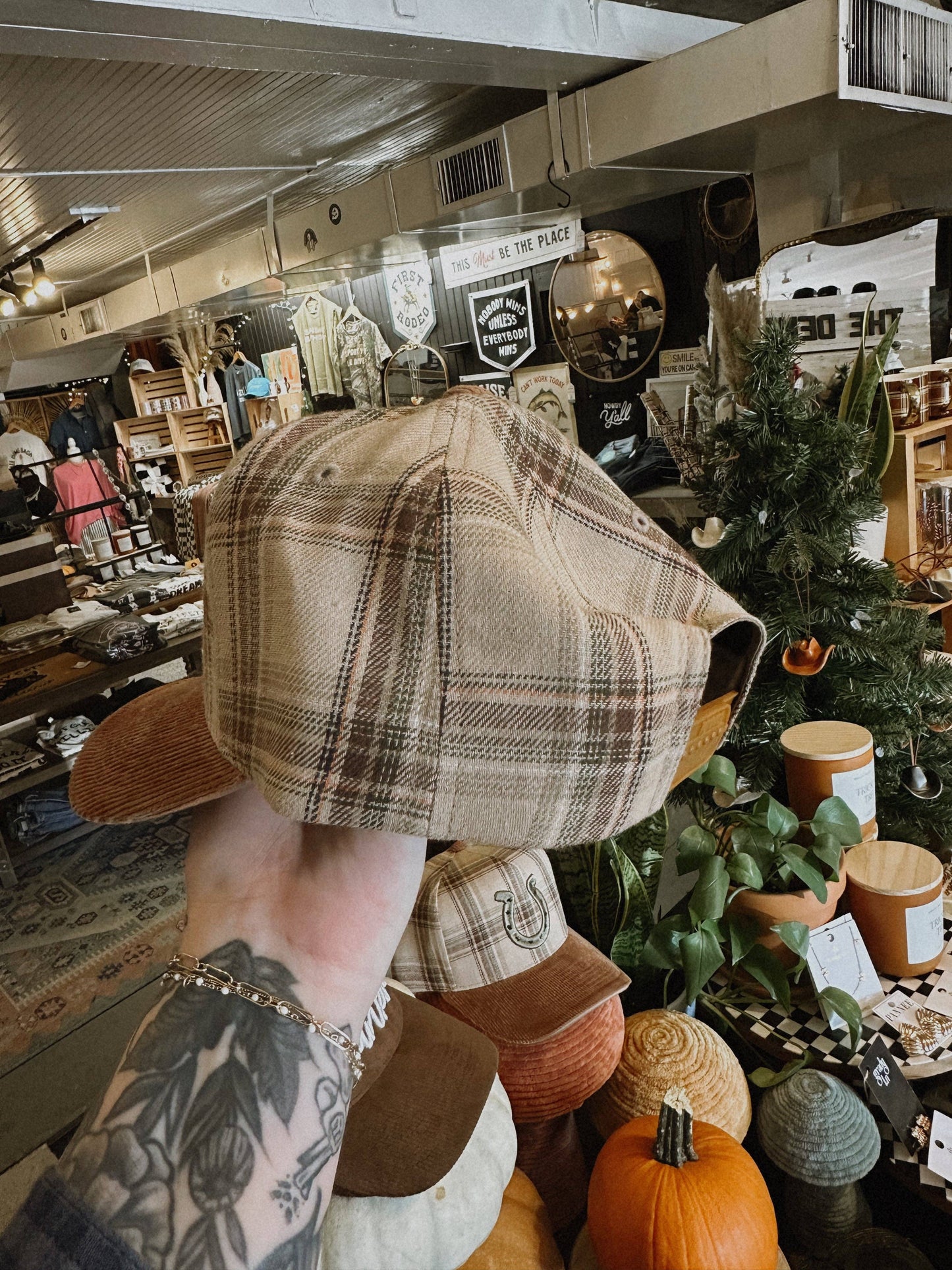 Horseshoe Plaid Corduroy Trucker Hat