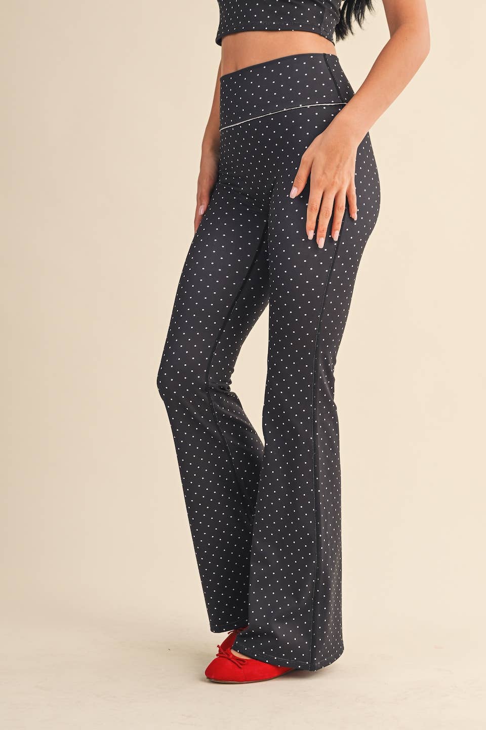 Polka Dot Print High Waist Flare Pants with Lace Trim
