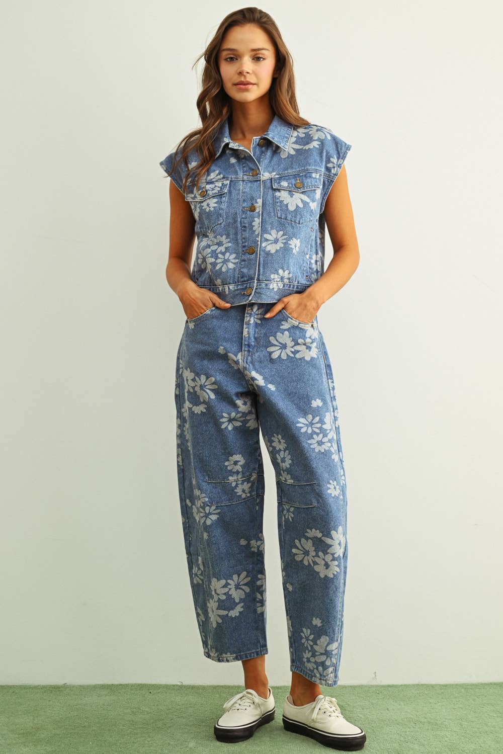 Floral Printed Denim Pants