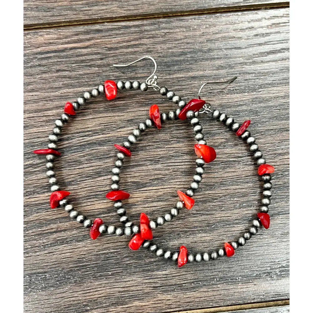 Red Chip Stone Hoop Earrings