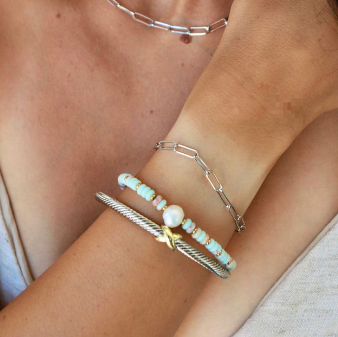 Blue Bead And Pearl Elastic Bracelet