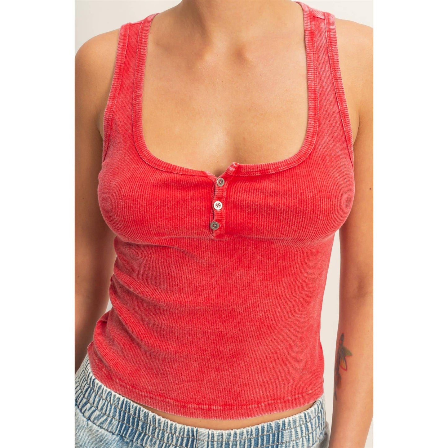 Acid Washed Henley Ribbed Tank Top