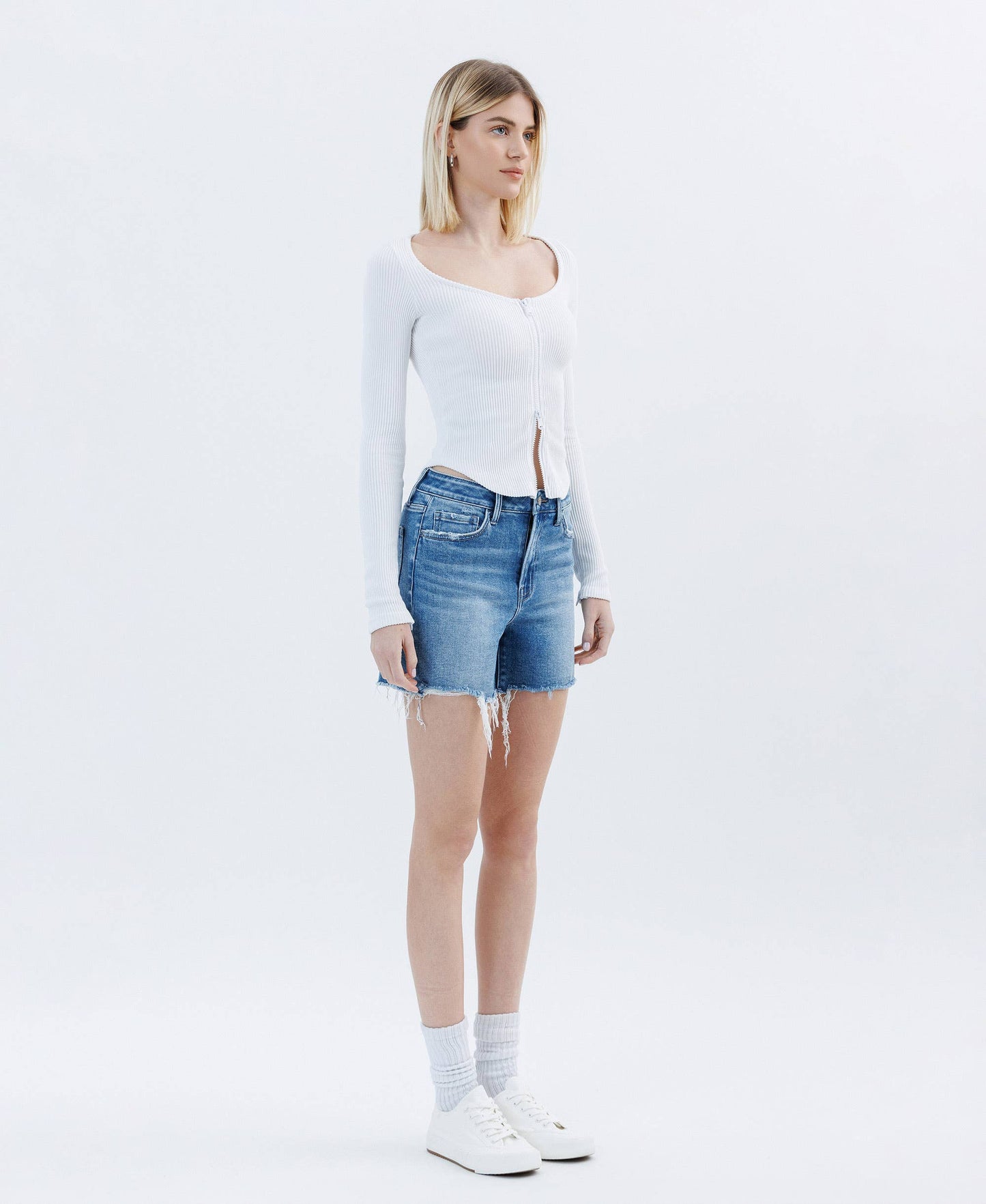 High Rise Raw Hem Boyfriend Shorts
