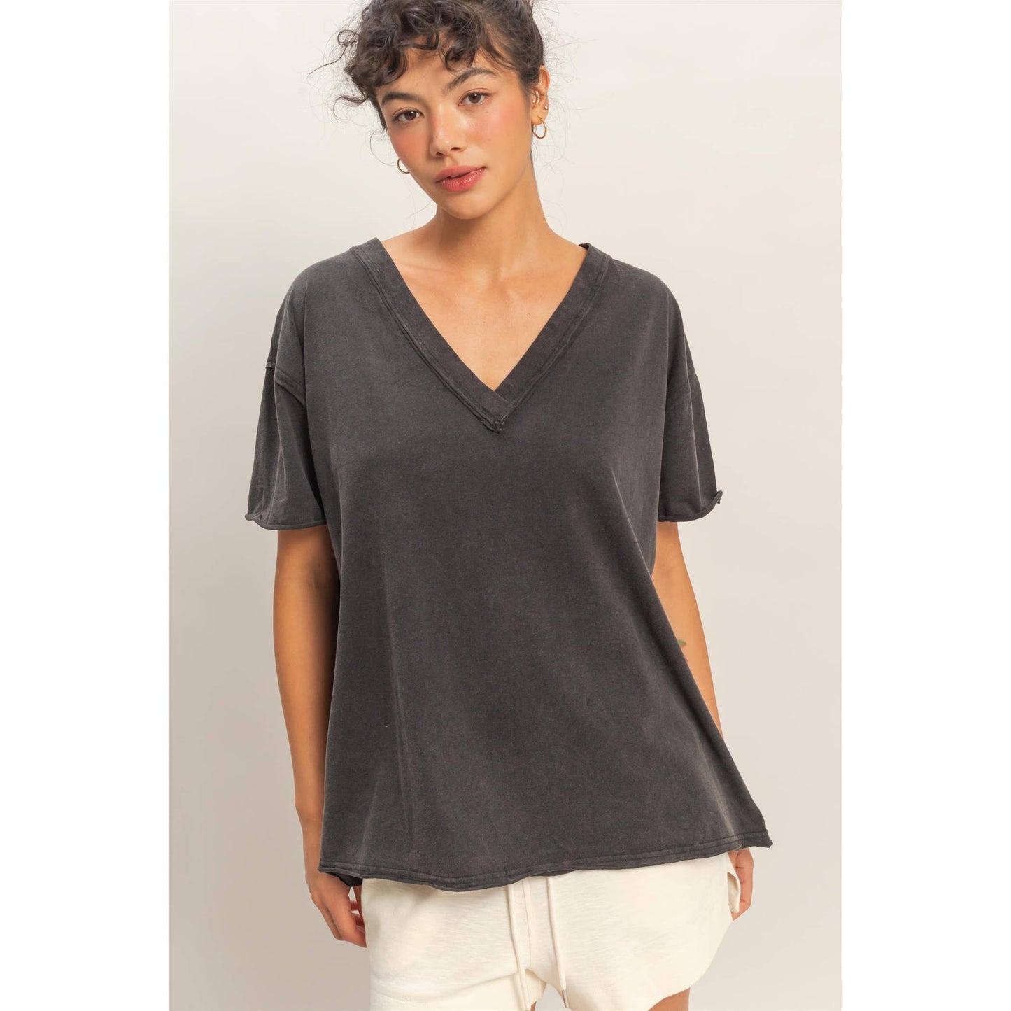 Washed V-Neck Oversized Tee