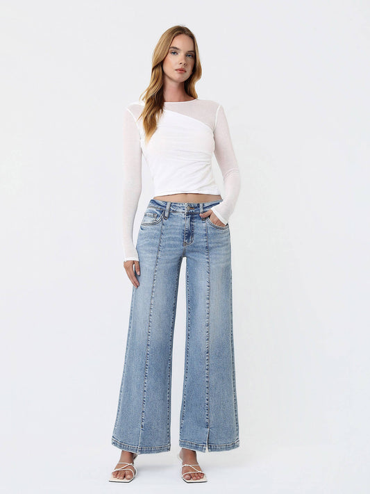 MID RISE SEAM DETAIL W FRONT SLIT HEM WIDE JEANS