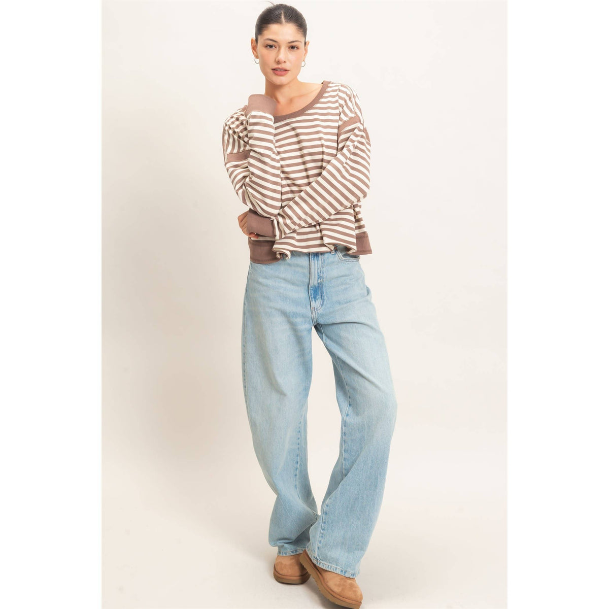 Striped Long Sleeve Open Back Top